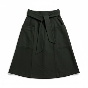 Monoprix Femme Wool Blend A-Line Midi Skirt‎ Olive Green Belt Pocket Size 42 NEW